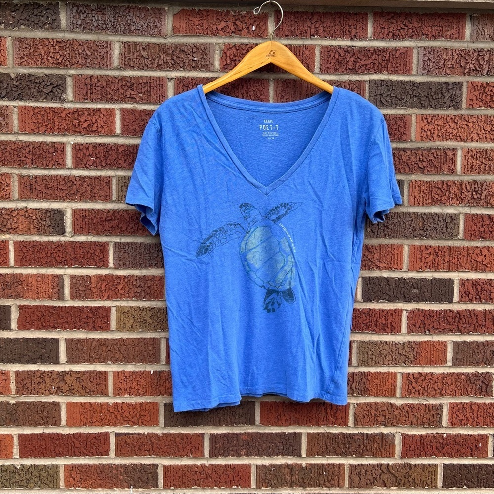 aerie Blue V-Neck Short Sleeve Tee with Turtle Graphic